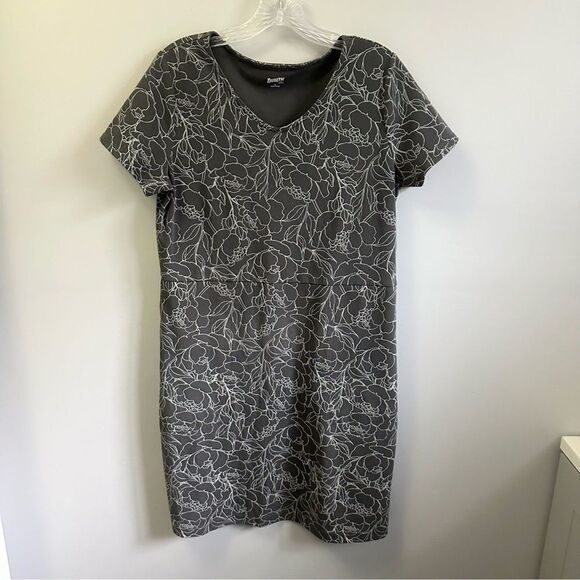 Duluth Short Sleeve Dress | V-Neck Midi Length Gray White Cotton Spandex Size S - Picture 2 of 8